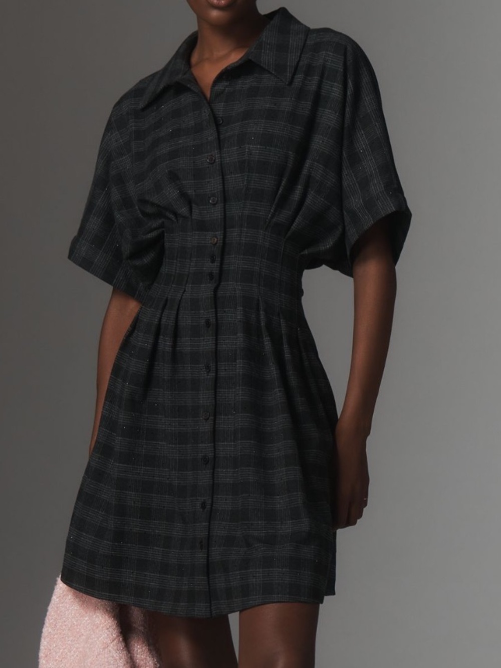 Exquise Tobie Pleated Mini Shirt Dress Embellished New Medium Black Gray Plaid